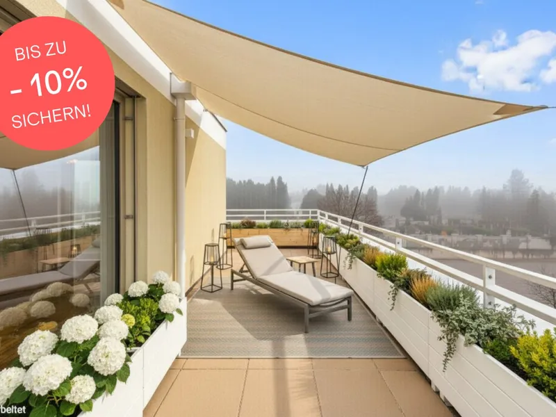 BIS ZU -10% PREISNACHLASS! Wohnen im Dachgeschoß | 4-Zimmer, 2 Bäder, Rundum-Terrasse | Grün- und Bergblick | Provisionsfrei