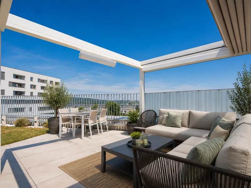 Cabrio-Fans aufgepasst! Hier gibt’s das Open-Air-Feeling nicht nur auf der Straße! Dachterrasse m. Cabrio-Pergola, Garten u. privaten Zugang zum Rooftop-Pool