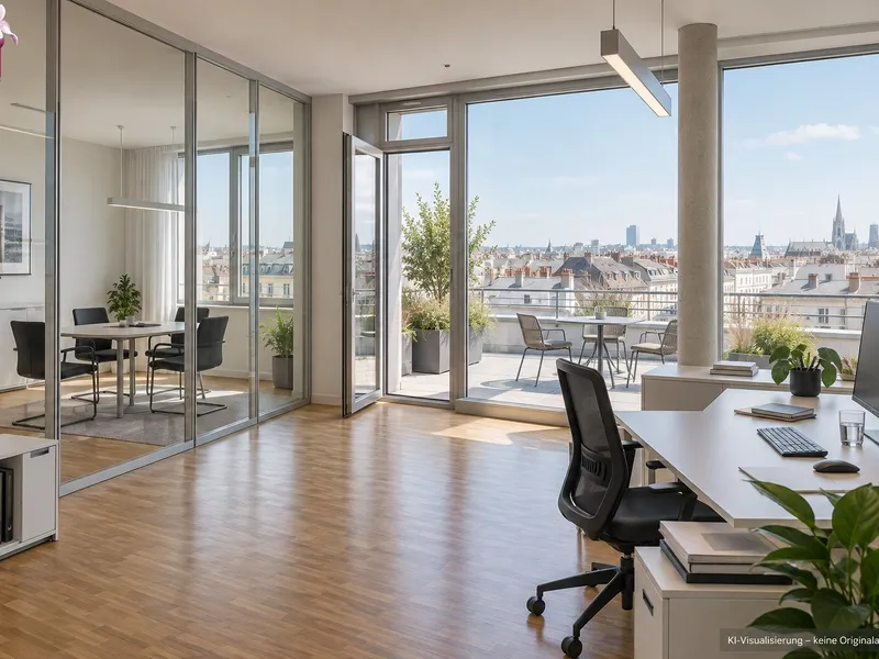 Ca. 657,45 m² Bürofläche mit Terrassen zu vermieten – Bürogrößen individuell anpassbar und mit Fernblick bis zum Stephansdom