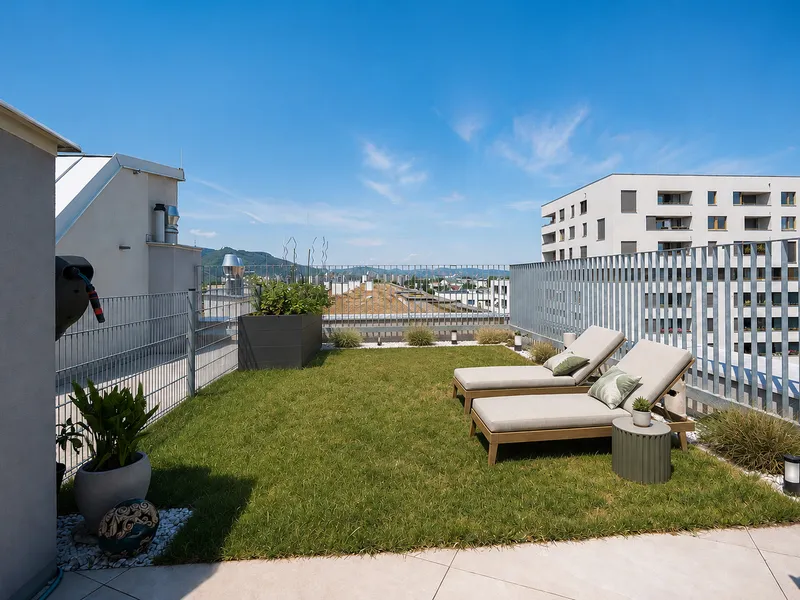 STARK PREISREDUZIERT | Dachterrasse m. Pergola, Garten u. privaten Zugang zum Rooftop-Pool | Familienfreundliche Anlage | DAN Küche l Tiefgarage