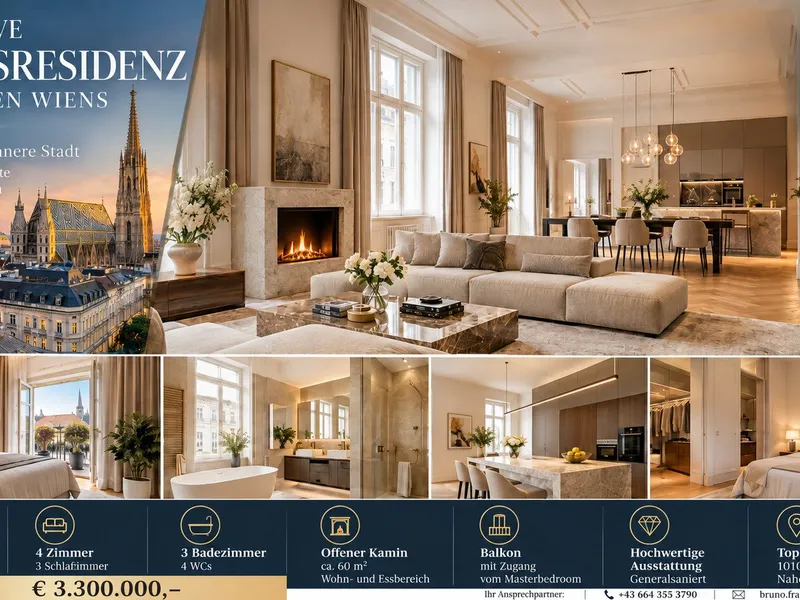 EXKLUSIVE LUXUSRESIDENZ IM HERZEN WIENS – CA. 200 m² | 3 SCHLAFZIMMER | 3 BÄDER | KAMIN | BALKON | GENERALSANIERT